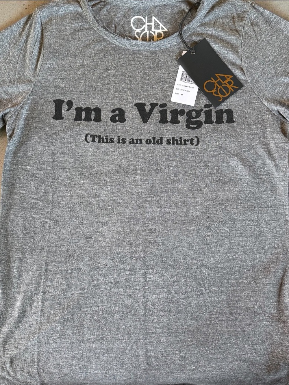 Chaser Gray Short-Sleeve Tee with 'I'm a Virgin' Graphic